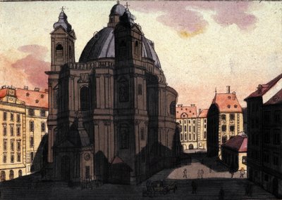 Widok na plac św. Piotra i kościół w Wiedniu, Austria Grawerowanie z 1820 r. autorstwa Unknown artist