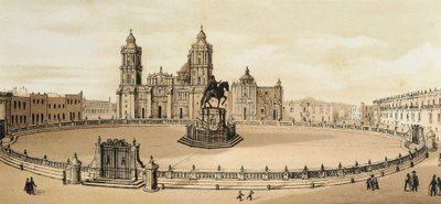 Widok na plac Zocalo i katedrę w Mexico City, Meksyk Litografia z końca XIX wieku autorstwa Unknown artist