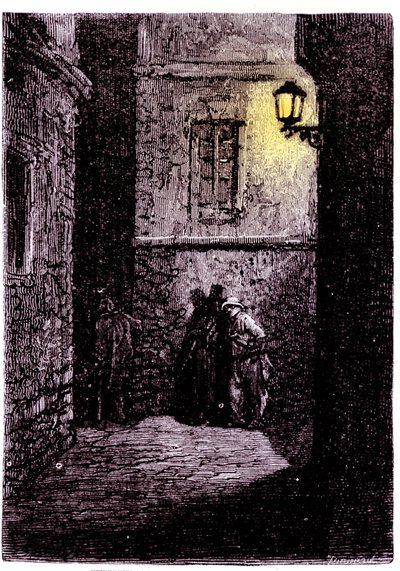 Widok na ciemną uliczkę w londyńskiej dzielnicy Whitechapel. Grawerowanie z XVIII wieku autorstwa Unknown artist