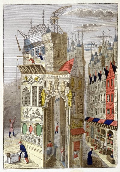 Widok na rue de Paris w XV wieku, z domami z muru pruskiego i kościołem w budowie. autorstwa Unknown artist