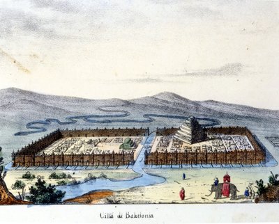 Widok starożytnego Babilonu: w centrum świątynia i wiszące ogrody. Płonący sd. początek XIX wieku. autorstwa Unknown artist