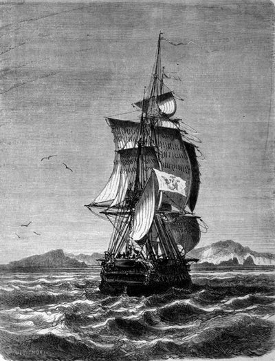 Widok austriackiej fregaty Novara przed wyspą św. Pawła na Oceanie Indyjskim w 1857 roku. Rycina z XIX wieku autorstwa Unknown artist