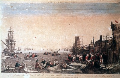 Widok na miasto i port w Tunisie w barbarzyństwie na Morzu Śródziemnym - Pojmani piraci przybywający do Port de la Goulette w Tunisie. Grawerowanie XVIII wieku. autorstwa Unknown artist