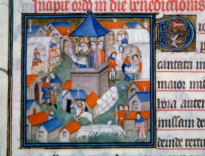 Widok na jarmark Lendit, popularne zgromadzenie i spacery po mieście Saint Denis. Wigilia Paryża pobłogosławiła otwarcie tego wydarzenia. Miniatura z „Pontifical de Sens” XIV-wieczny Paryż, B.N. autorstwa Unknown artist