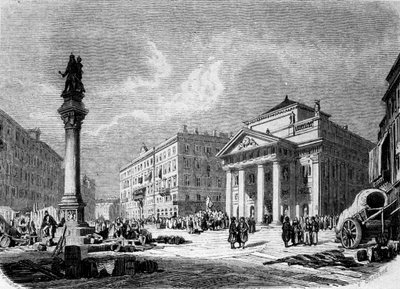Widok na Place de la Bourse w Trieście (w okresie austriackim), rycina z XIX wieku autorstwa Unknown artist