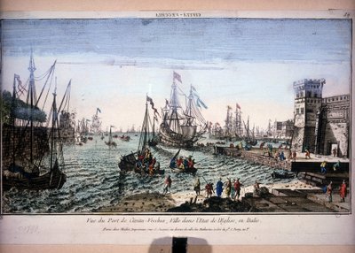 Widok na port Civitavecchia, miasto w państwie kościelnym, Włochy. Widok optyczny z XVIII wieku. autorstwa Unknown artist
