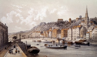 Widok miasta Lyon z Quai Tilsitt. Rycina XIX wieku. Paryż, B.N. autorstwa Unknown artist