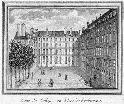 Widok na dwór kolegium Plessis Sorbonne (Paryż), założonego w 1323 r. przez Geoffroya du Plessis Balissona, używanego w 1848 i 1849 r. przez ENA. Grawerowanie zachowane w Musee Carnavalet. autorstwa Unknown artist