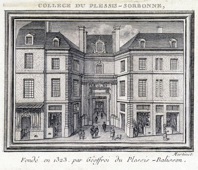 Widok na zewnętrzną fasadę kolegium Plessis Sorbonne (Paryż), założonego w 1323 roku przez Geoffroya z Plessis Balisson, używanego w latach 1848-1849 przez ENA. Rycina zachowana w Musee Carnavalet w Paryżu. autorstwa Unknown artist