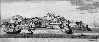 Widok na warowne miasto Tanger i wybrzeże, Maroko. Grawerowanie XVIII wieku. autorstwa Unknown artist