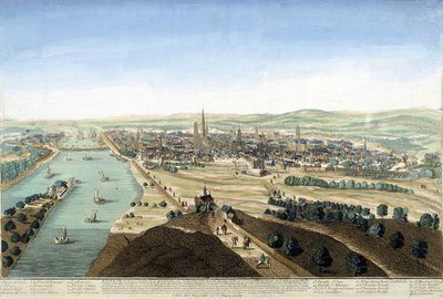 Widok na port i miasto Rouen; Rycina z XVIII wieku. autorstwa Unknown artist