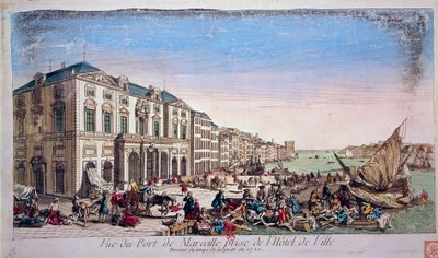 Widok portu w Marsylii z ratusza w czasie epidemii dżumy z 1720 r. Rycina z 1720 r. Paryż, B.N. autorstwa Unknown artist