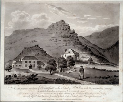 Widok na wyspę Sainte Helene (Ile Sainte-Helene) Rycina Malmaison z XIX wieku. Muzeum Zamkowe autorstwa Unknown artist
