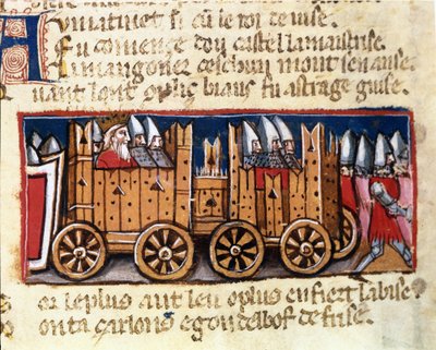 Maszyny wojenne, prekursor czołgu bojowego, używanego przez Karola Wielkiego przeciwko Maurom Hiszpanii - w rękopisie „Wejście Hiszpanii” z XIV wieku. Biblioteca Marciana, Wenecja. autorstwa Unknown artist