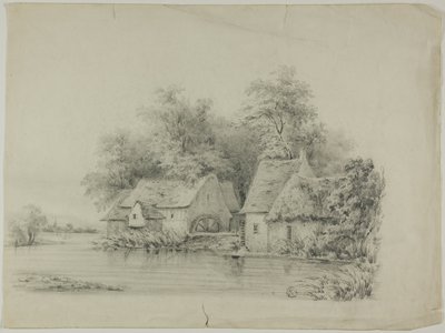 Młyn wodny i domek z dachami krytymi strzechą autorstwa Unknown artist