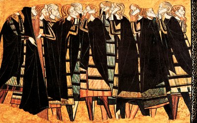 Płaczący w czarnej pelerynie na grobie Rycerza Don Sancho Saiz de Carillo, fragment fresku zdobiącego grób. Detreme na drewnie. Koniec XIII wieku. Museu Nacional d
