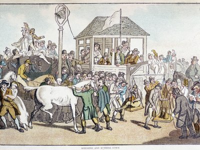 Ważenie i mycie przed wyścigiem konnym (koniec XIX wieku). autorstwa Unknown artist