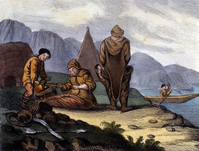 Eskimosi z Zachodniego Wybrzeża Grenlandii. Litografia z początku XIX wieku autorstwa Unknown artist
