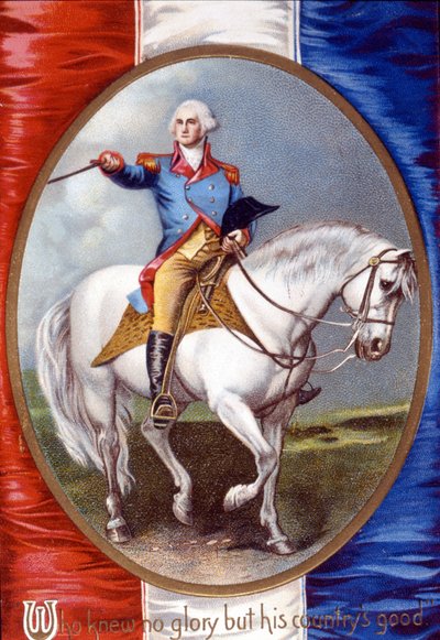 Kto nie znał chwały poza dobrem swojego kraju: Jerzy Waszyngton (1732 - 1799) jadący w medalionie na odwrocie francuskiej flagi. chromolitografia z XIX wieku. autorstwa Unknown artist