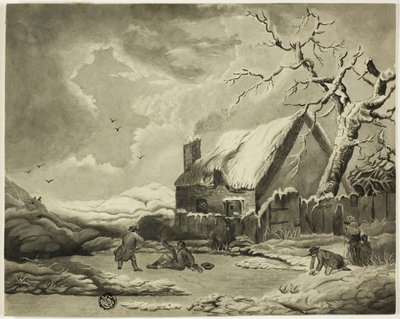 Zimowa scena z ludźmi na zewnątrz domku nad stawem autorstwa Unknown artist