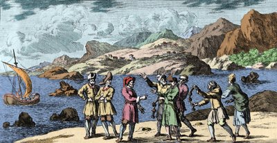 Czary i wierzenia: fiński i lapoński prowokujący burzę magią trzech węzłów. Grawer z „Mundi Mirabilis Oeconomia” Johanna Zahna (1631-1707) autorstwa Unknown artist