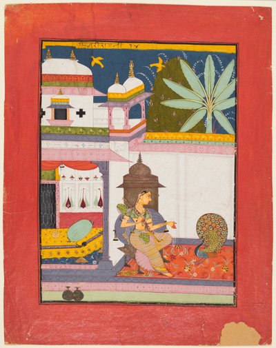 Kobieta zwracająca się do pawia: Gujari Ragini z Megh, z Ragamala autorstwa Unknown artist