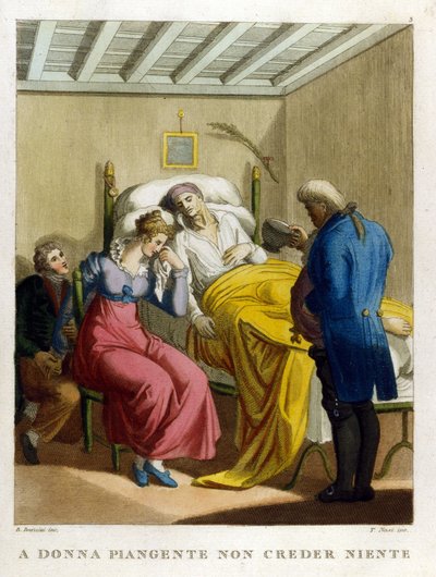 „Kobiece łzy, fontanna złośliwości. Obserwuj płacz kobiety. XVIII-wieczna rycina przedstawiająca serię przysłów. autorstwa Unknown artist