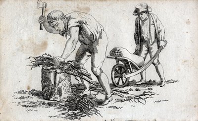 Drwal robi wiązki drewna i mężczyzna niosący wiązki na taczce. Grawerowanie końca XVIII wieku. Prywatna kolekcja. autorstwa Unknown artist