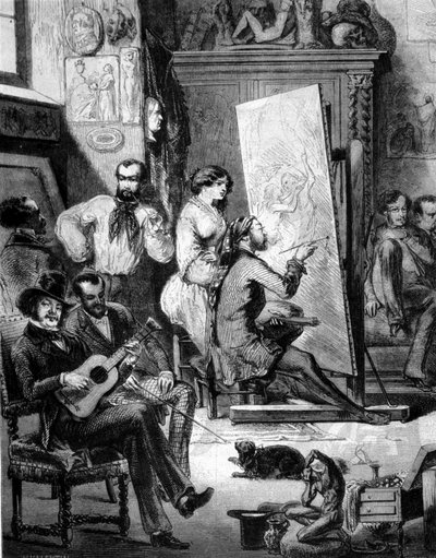 Warsztat malarza w XIX wieku. Niektórzy grają muzykę, inni palą, podczas gdy malarz rysuje. Grawerowanie XIX wieku autorstwa Unknown artist