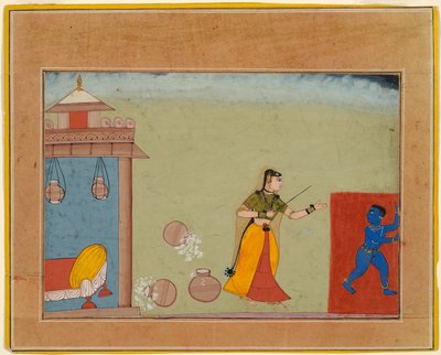 Yashoda karci swego przybranego syna, młodego Krishnę, strona z manuskryptu Bhagavata Purany autorstwa Unknown artist