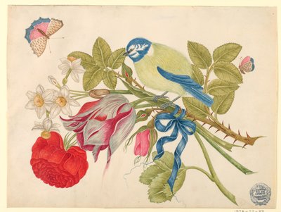 Żółto-niebieski ptak na bukiet z różą, tulipanami i żonkilami, z motylami autorstwa Unknown artist