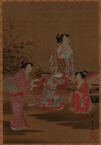 Młoda kobieta z dwiema opiekunkami siedząca w ogrodzie autorstwa Unknown artist