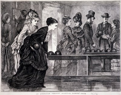 Młode kobiety grające w kręgle, Stany Zjednoczone, ok. 1870 r. - grawerowanie autorstwa Unknown artist