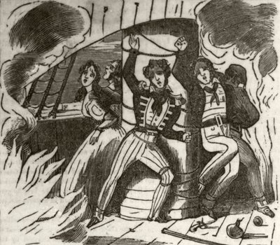 Zampa, korsarz algierski: „Kapitan, młoda dama i część załogi angielskiego statku, przywiązana do głównego masztu i spalona”, ok. 1836 autorstwa Unknown artist