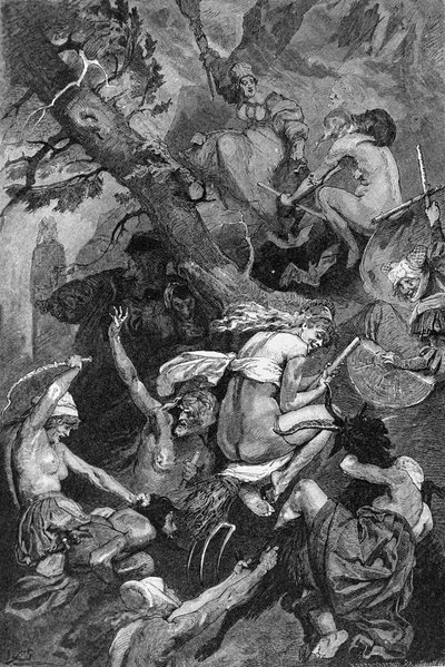obchody Nocy Walpurgii przez czarownice w szabat. Rycina XIX wieku autorstwa Unknown artist