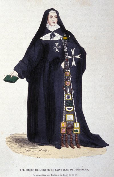 Zakonnicy Zakonu Św. Jana Jerozolimskiego z klasztoru w Tuluzie w stroju Coeura. Rycina z albumu na zakony, Paryż autorstwa Unknown artist