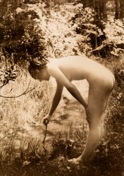 Młoda kobieta, naga w lesie, widziana z profilu, gdy pochyla się, by włożyć gałąź do strumienia. autorstwa Unknown photographer