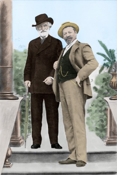 Giuseppe Verdi, włoski kompozytor (1813-1901) i tenor Francesco Tamagno (1850-1905) w Montecatini pod koniec XIX wieku. autorstwa Unknown photographer