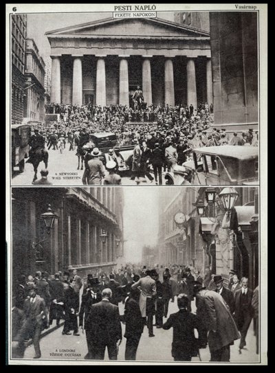 U góry: Czarne dni na Wall Street; u dołu: Giełda Papierów Wartościowych w Londynie w czasie krachu w 1929 r., z filmu "Pesti Naplo". autorstwa Unknown photographer