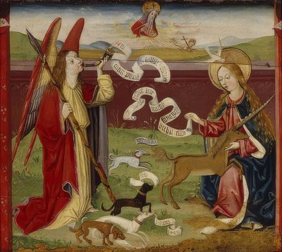 Zwiastowanie. Mistyczne polowanie na jednorożca. 1489 autorstwa Upper Rhenish Master
