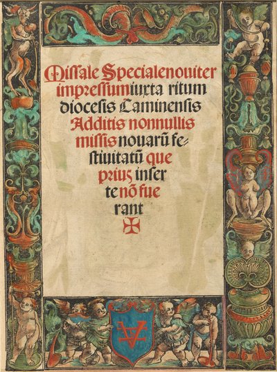 Strona tytułowa do Mszału, z obramowaniem Satyra i Puttiego [verso], ok. 1930. 1511. autorstwa Urs Graf