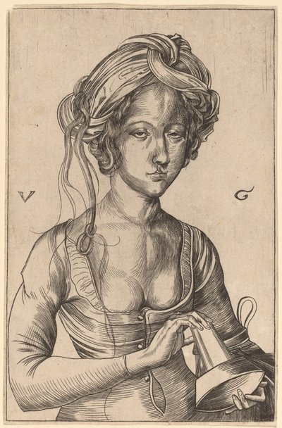 Popiersie głupiej dziewicy trzymającej odwróconą lampę autorstwa Urs Graf I after Martin Schongauer
