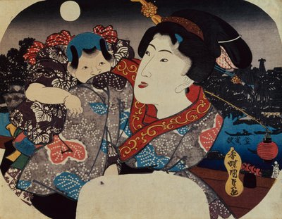 Kobieta niosąca dziecko na plecach (drewnodruk) autorstwa Utagawa Kunisada