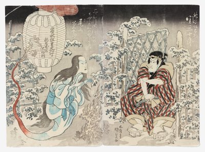 Seki Sanjūrō II jako Kamiya Niemon i Onoe Kikugorō III z Kamigata (Kudari) jako Duch Latarni, Oklaskiwany w Trzech Miastach (Sanganotsu gohyōban no chōchin no yūrei) autorstwa Utagawa (1786 1865) Kunisada