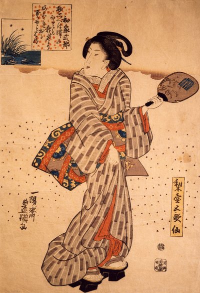 Kobieta ze sztywnym wachlarzem, autor Utagawa Kunisada, drzeworyt, technika nishiki-e autorstwa Utagawa Kunisada