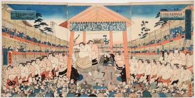 Kanjin Ozumo (pochód zapaśników sumo na walkę na zbiórkę pieniędzy). Rycina Utagawa Kunisada (1786-1865) - Kanjin Ozumo, autorstwa Kunisada (Toyokuni III), Utagawa (1786-1865). Drzeworyt barwny, ok. 1850. Wymiary: 37,5x75,5 cm. Prywatna kolekcja autorstwa Utagawa Kunisada