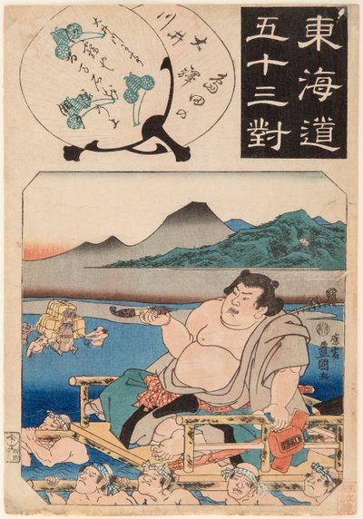 Rzeka Oi (przez którą przechodzi zapaśnik sumo siedzący na lektyce). Rycina z serii 53 stacje na drodze Tokaido, autorstwa Utagawa Kunisada (1786-1865) autorstwa Utagawa Kunisada