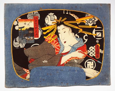 Kurtyzana z długą fajką, świątynia Hachiman we wstawce po lewej stronie autorstwa Utagawa Kunisada