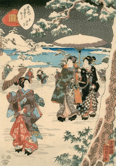 Postacie z parasolami w śniegu (Scena z Opowieści o Genjim) (drzeworyt kolorowy na papierze) autorstwa Utagawa (1786 1865) Kunisada