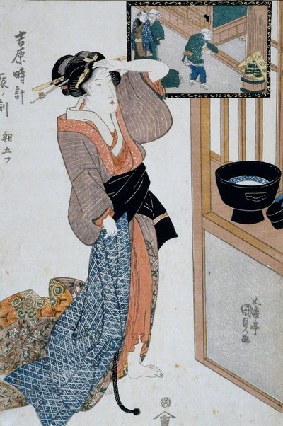 Godzina tygrysa, siódma godzina poranka, ok. 1818, grafika Ukiyo-e autorstwa Utagawy Kunisady (1786-1865) z filmu Dwanaście godzin w Yoshiwara, drzeworyt Oban-tate-e, 37x24,9 cm, cywilizacja japońska autorstwa Utagawa Kunisada